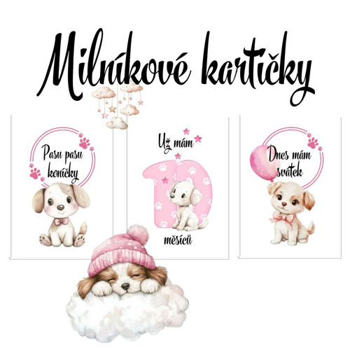 Milníkové kartičky - roztomilý pejsci - pink