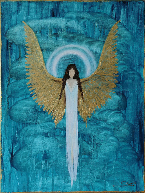 Anděl 40x30cm Olej na plátně + zlatá barva