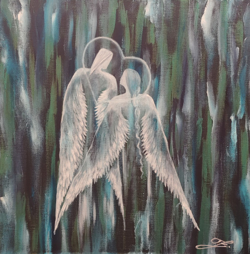 Andělé Olej na plátně + metalická barva 40x40cm