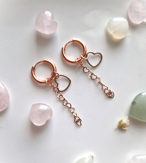 Náušnice*kruhy*srdce*řetízkové*3v1*ocel rose gold
