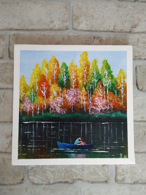 Podzimní romance v loďce 20x20 - akrylový obraz