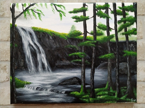 Vodopád v tajuplném lese 20x30 - akrylový obraz