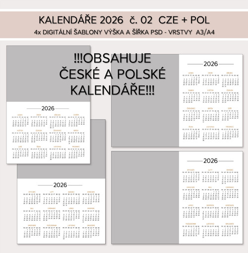 Kalendáře 2026 vol. 02 - digitální šablony PSD