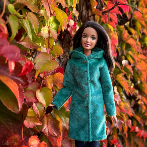 Plyšový kabát s kapucí pro Barbie - smaragdový