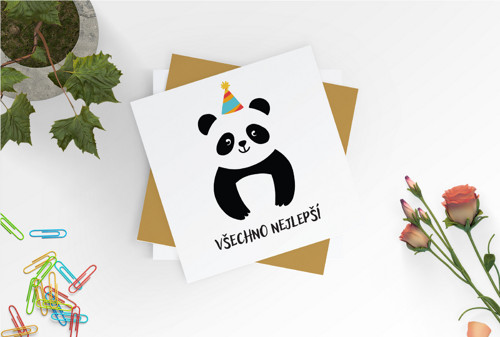 Přáníčko k narozeninám a svátku - panda slaví