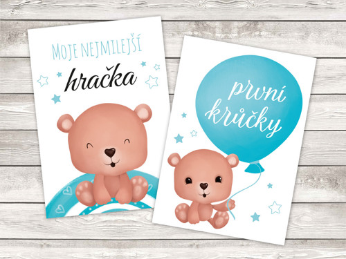 Milníkové kartičky modré - medvídek, PDF k tisku