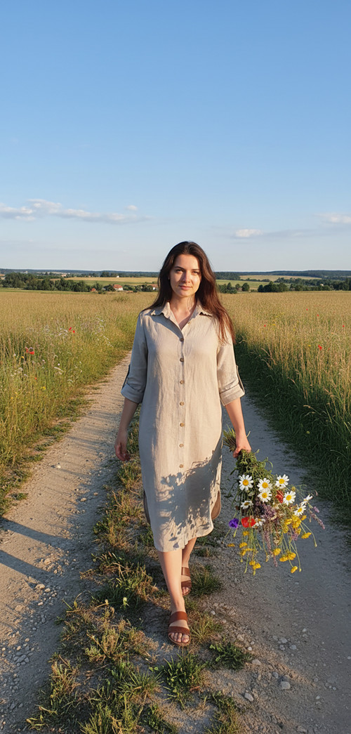 Dámske ľanové košeľové šaty - béžové