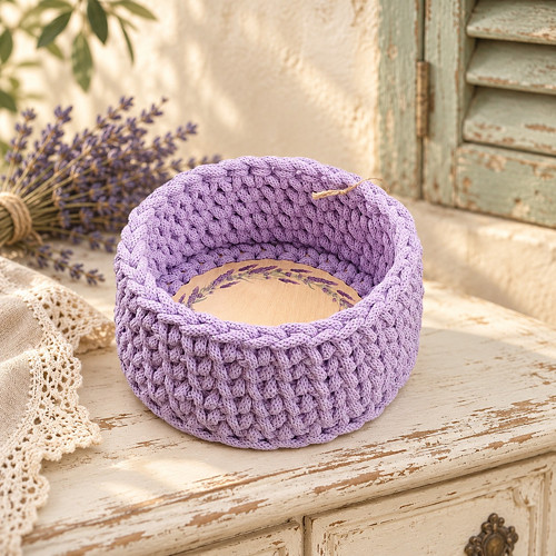 Háčkovaný košíček Levandulové snění 15cm