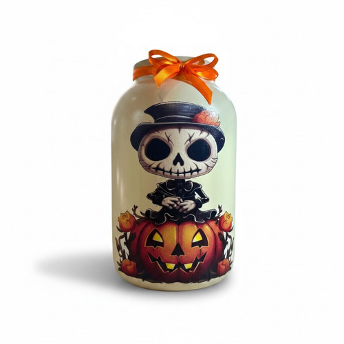 Halloweenská lucerna / sklenice dýně a kostlivec