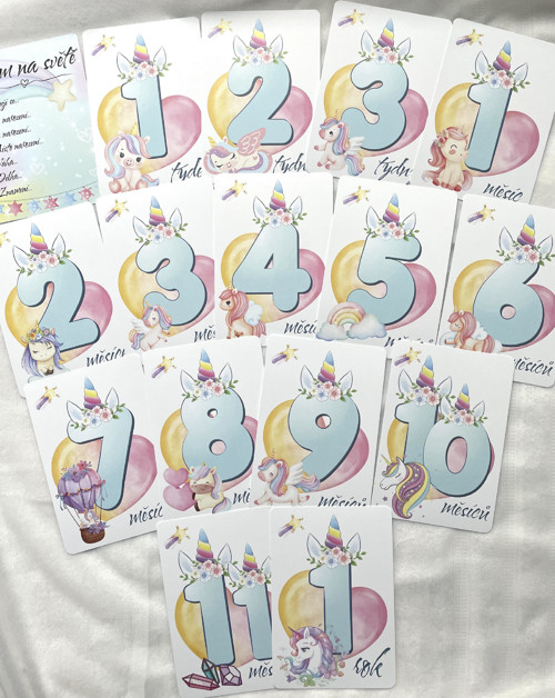 Milníkové kartičky pro miminko unicorn 16ks