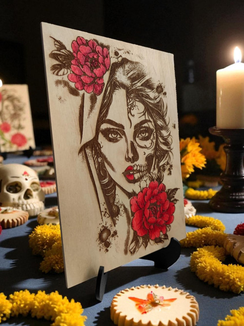 La Santa Muerte, Dřevěný vypalovaný malovaný obraz