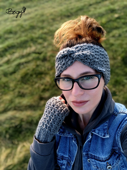 Šedá háčkovaná čelenka 49% merino 20 - 52-56cm