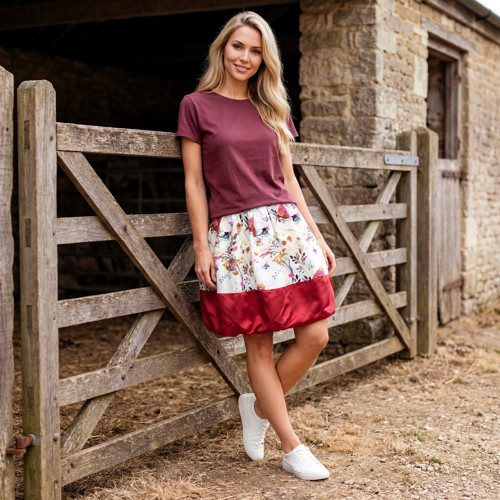 Balónová sukně FOLKLÓR - ptáčci / satén bordó