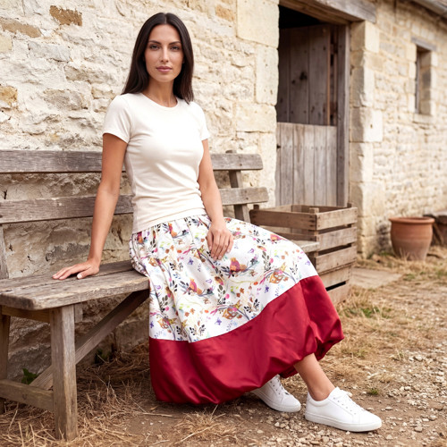 Balónová sukně FOLKLÓR - ptáčci satén bordó dlouhá