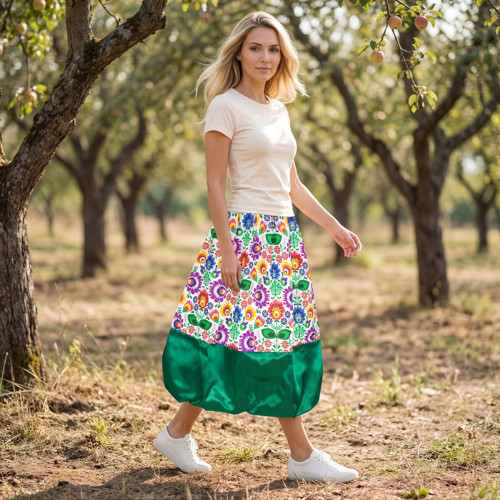 Balónová sukně FOLKLÓR - rozkvetlá / satén zelená