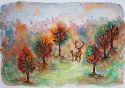 Akvarel - Autumn palette with deers (originál)