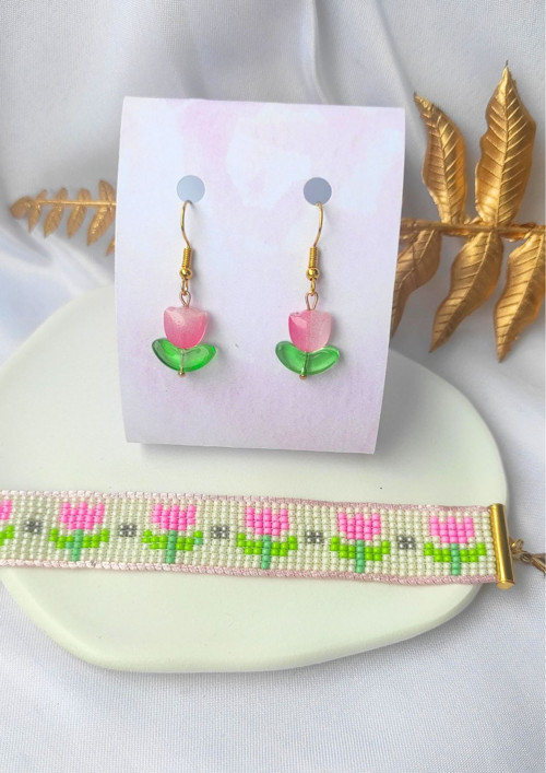 Set náramek šitý + náušnice - Pink Tulips