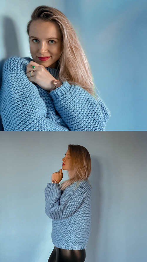 Modrý ručně pletený teplý oversize svetr