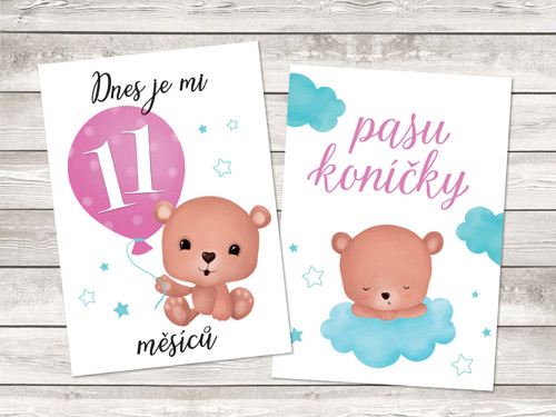 Milníkové kartičky růžové - medvídek, PDF k tisku