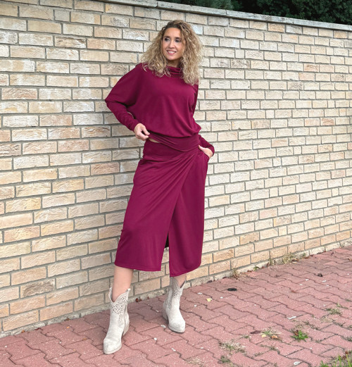 Překládaná midi sukně Burgundy