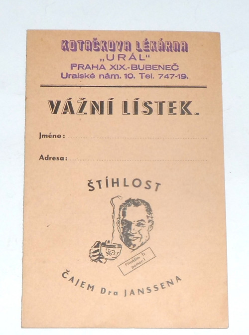 Informační VÁŽNÍ LÍSTEK • Kotačkova lékárna, 1939