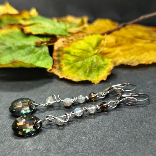 Náušnice listy - ocel/Swarovski/labradorit/záhněda