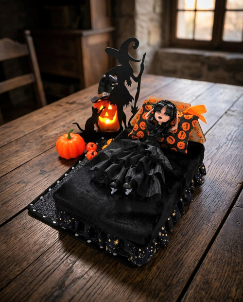 Halloweenská postýlka pro panenky s doplňky