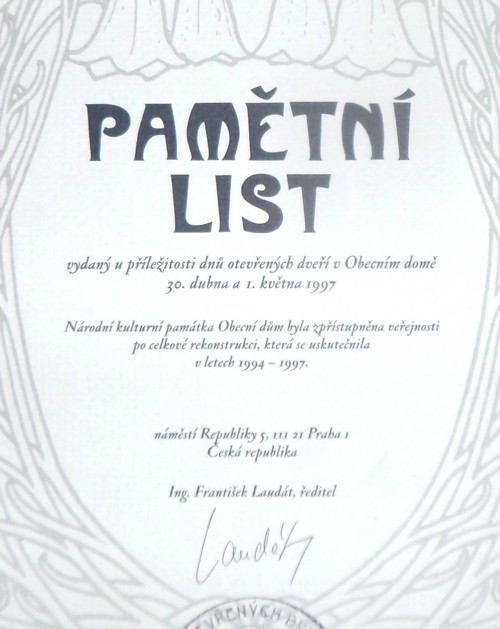 Originál PAMĚTNÍ LIST • Obecní dům, 1994 - 1997