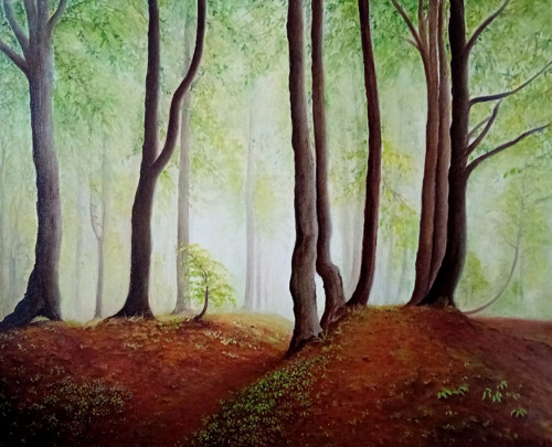 SVÍTÁNÍ V LESE - originál olej na plátně 50x40cm