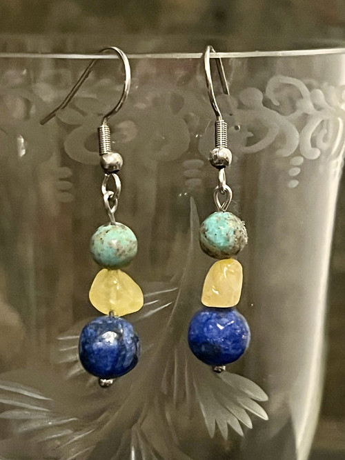 Náušnice lapis lazuli, citrín, tyrkys, chir. ocel