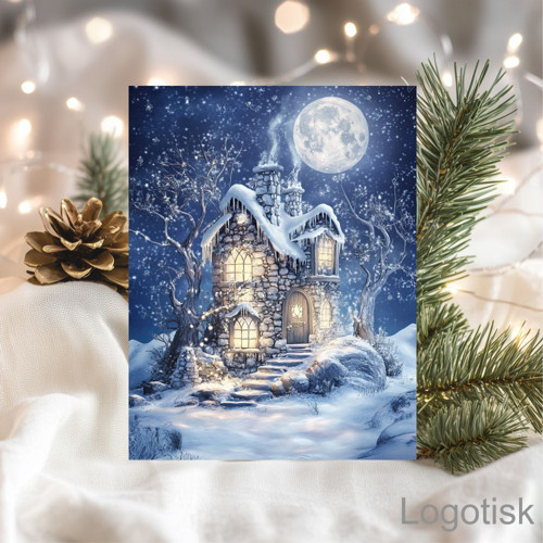 Vánoční přání potisk KOLEKCE v modré - chaloupka