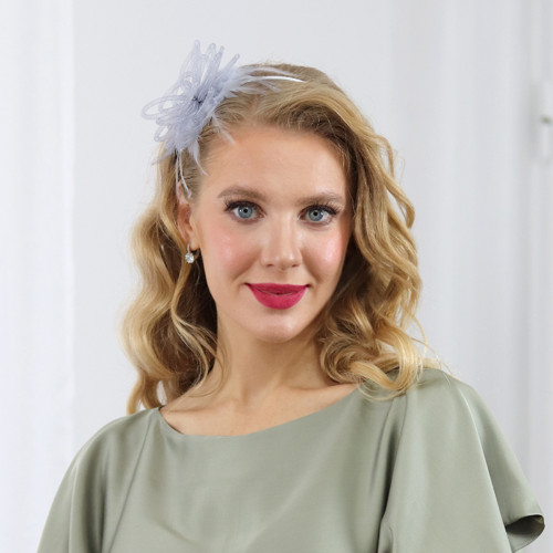Chiara - fascinátor s krystaly a peřím, štříbrná