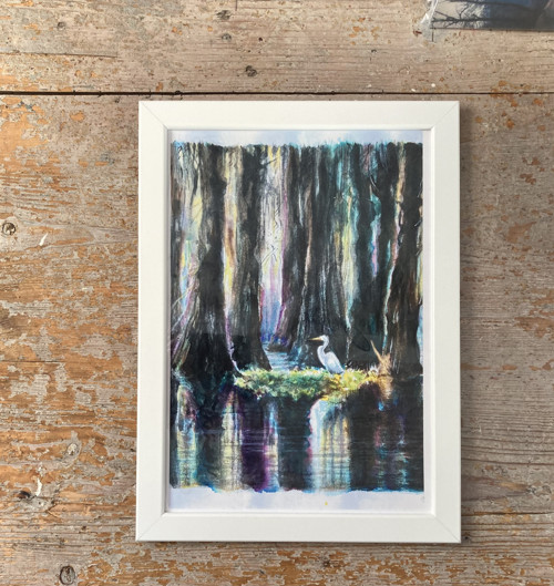 „Meditace s volavkou III“, print v bílém rámečku