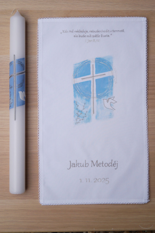 Křestní sada Kříž a holubice modrá + stříbrná