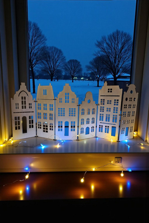 Sestava 6 dřevěných domečků s LED světlem