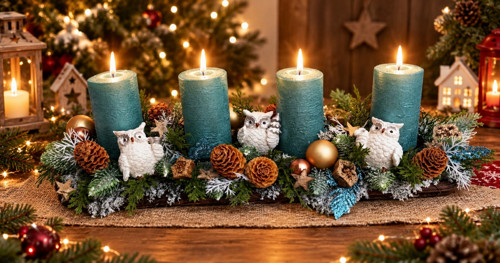Adventní svícen se sovičkami