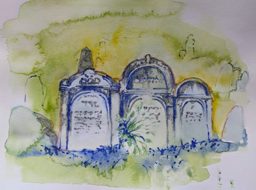 Orig. autor. akvarel "Židovský hřbitov ve Volyni"
