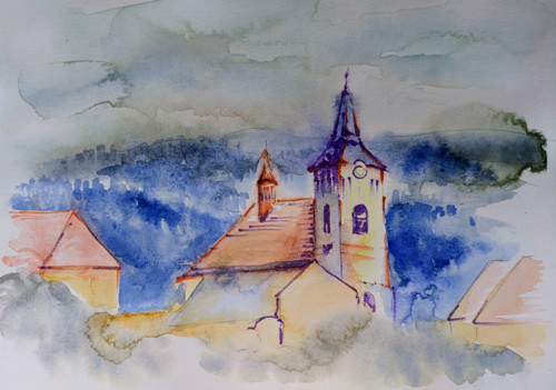 Originální autorský akvarel "Kostel ve Volyni"
