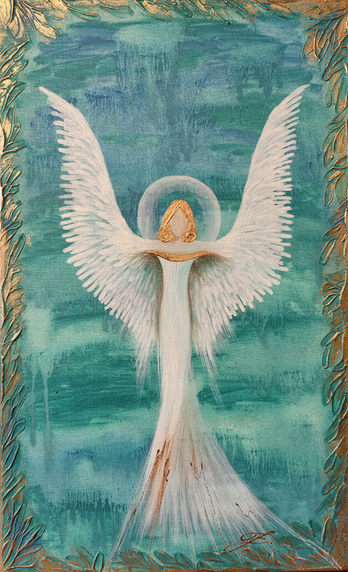 Anděl 50x30cm Olej na plátně + zlatá barva