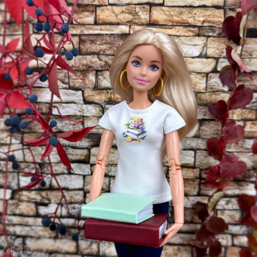 Knížky a květiny - tričko pro Barbie, smetanové