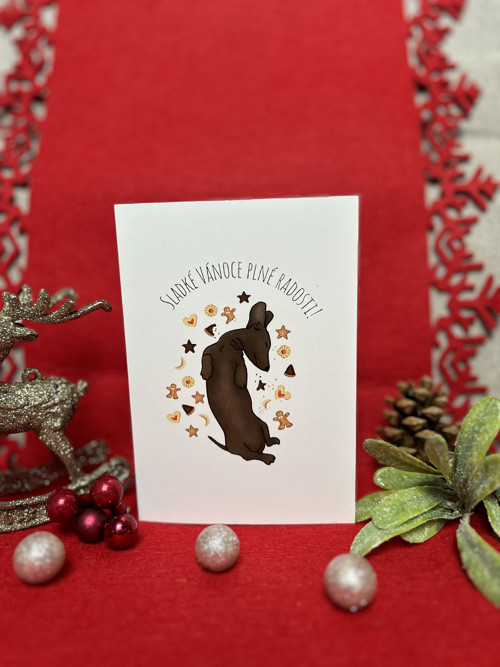 Vánoční přáníčko s jezevčíkem v cukroví