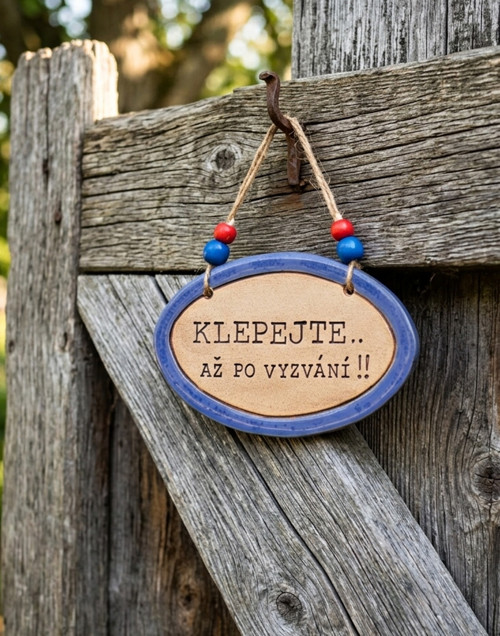 . 112 Keramická cedulka s vtipným textem na dveře