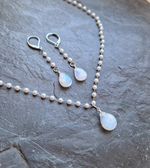 Duhový měsíční kámen*perly*řetízkové náušnice*ocel