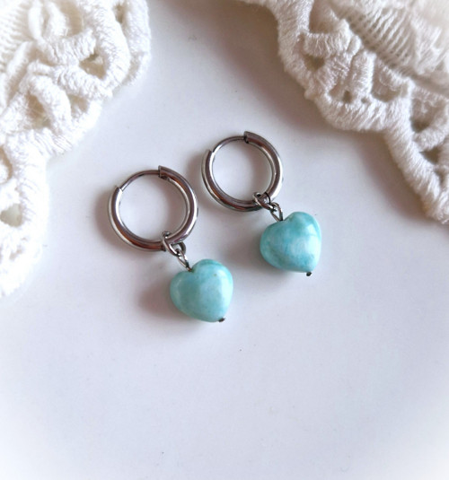 Náušnice*srdíčka*larimar*1 cm*2v1*ocel