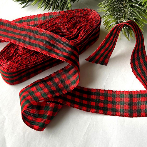 Károvaná stuha - červeno-zelená - š.2,5cm - 1m