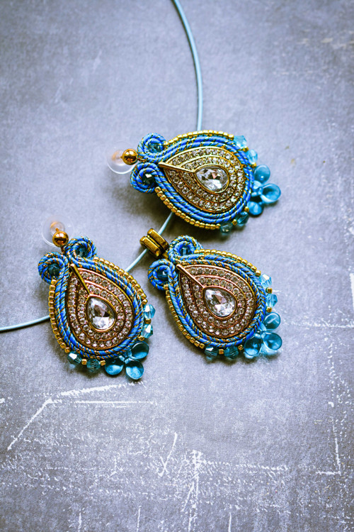 Soutache modro-zlatá sada - náušnice a náhrdelník