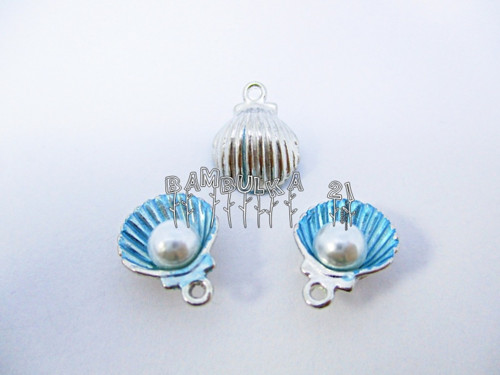 Kovový přívěsek mušle s perličkou, 15x11mm, tyrkys