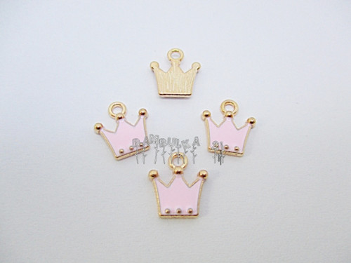 Přívěsek korunka růžová, kov a smalt, cca 10x11mm