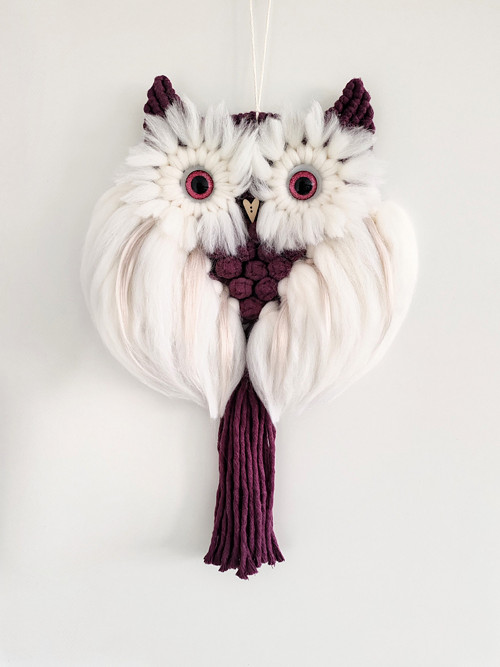 Macrame/drhaná sova/ptáček - Bílo/fialová