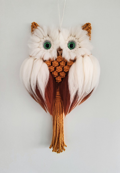 Macrame/drhaná sova/ptáček - Horčicovo/bílo/hnědá